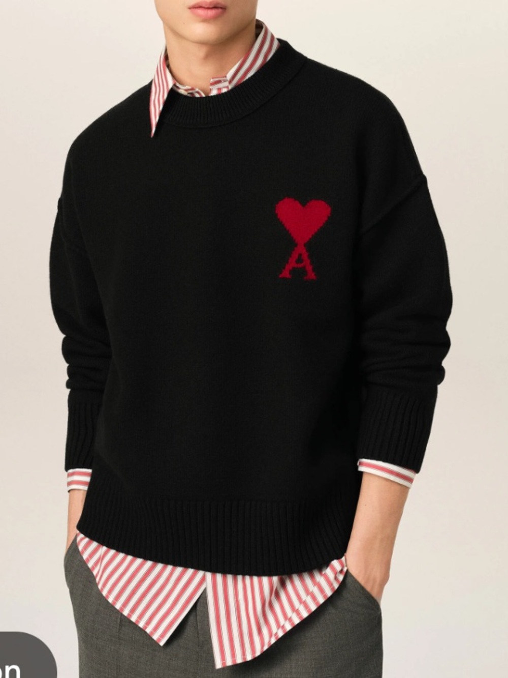 Ami Paris Ami De Coeur Crewneck Sweater M Black Wool Cotton Blend Embroidered